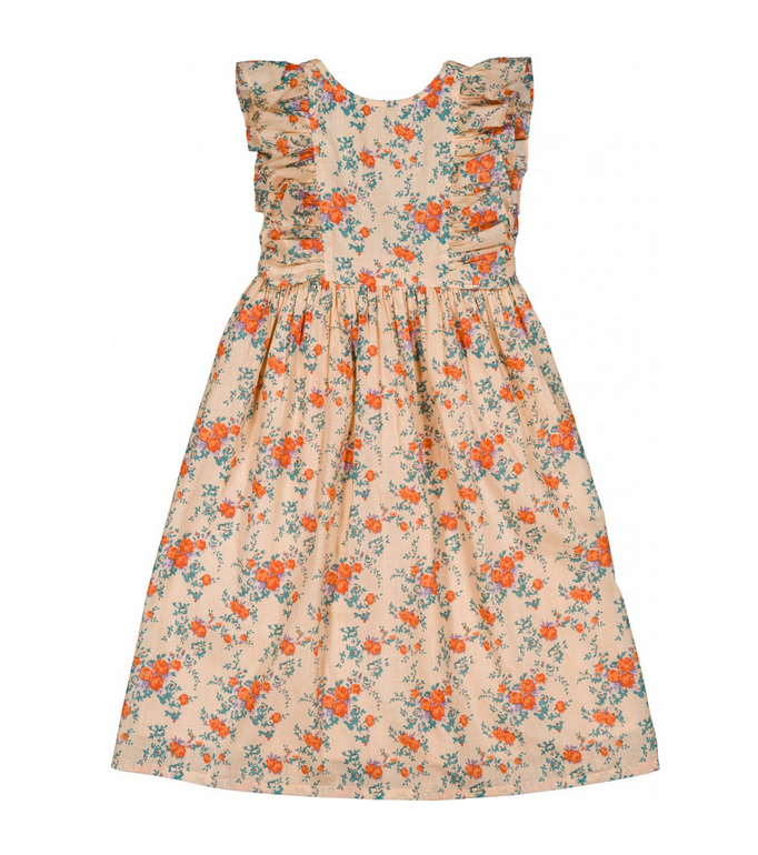 The Girls’ Arlette Dress by Louis Louise is a sleeveless, ankle-length beige cotton dress with orange and blue floral print and ruffled shoulder details—perfect as a floral ruffle dress for any special occasion.