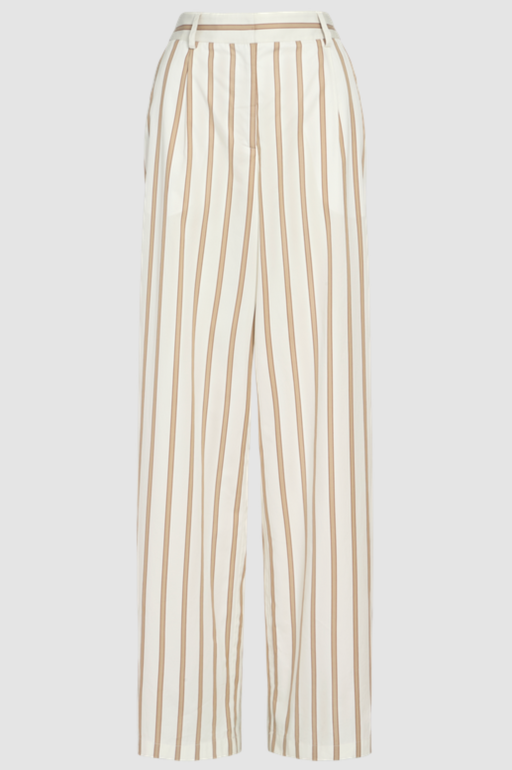 The Hudson St. Cotton Stripes Pant by TWP features a high-waisted, wide-leg silhouette in beige and white vertical stripes, made from breathable cotton poplin with side pockets and belt loops.