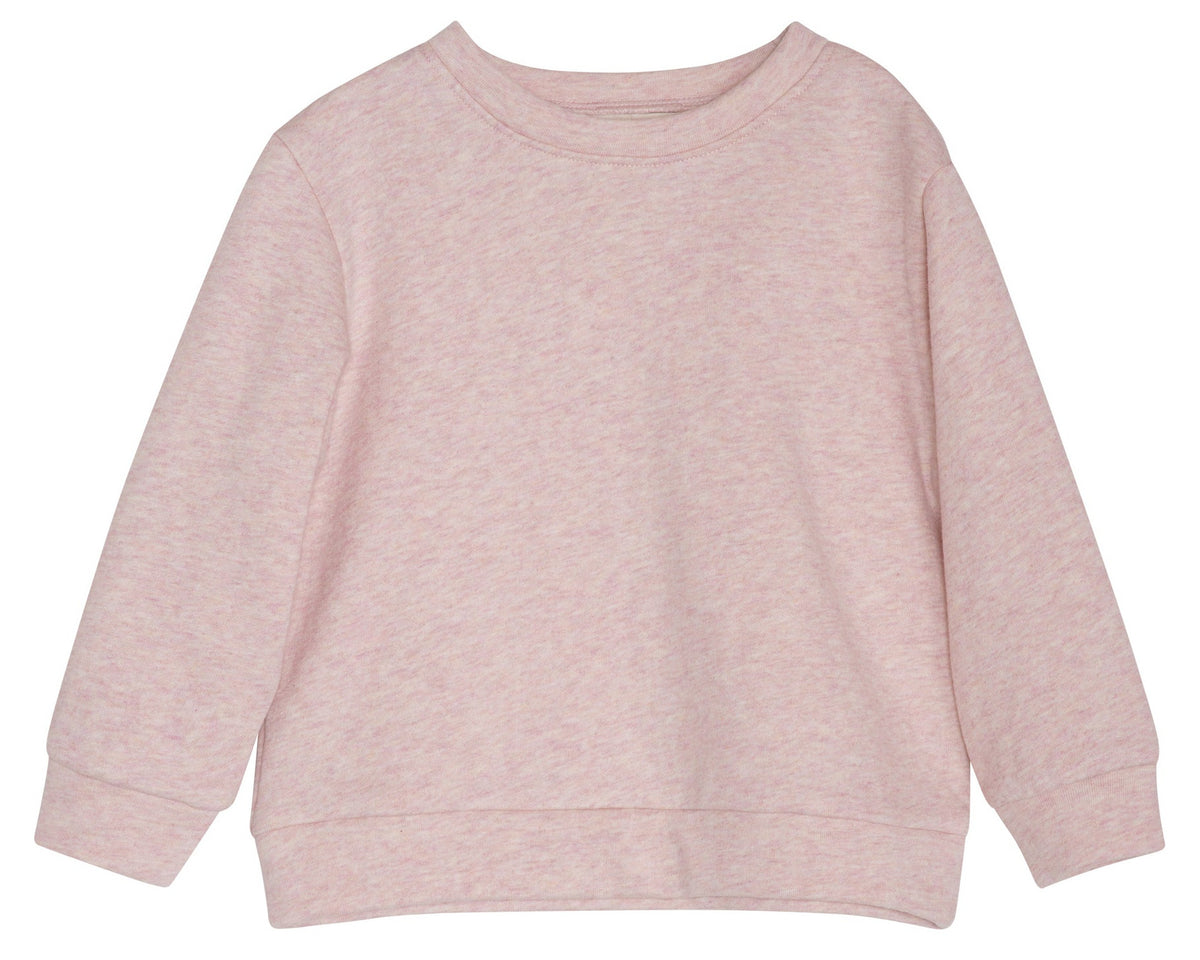 Serendipity Girls’ Sweat Shirt in light pink, featuring long sleeves, a crew neck, and a relaxed fit made from organic cotton, is displayed on a plain white background.