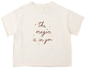 Rylee & Cru's Baby Girls' and Girls' Vintage Tee features raw edges, an off-white color, and "the magic is in you" in brown cursive text at the center for a cozy, lived-in look.