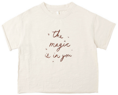 Rylee & Cru's Baby Girls' and Girls' Vintage Tee features raw edges, an off-white color, and "the magic is in you" in brown cursive text at the center for a cozy, lived-in look.
