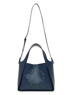 The Stella McCartney Logo Crossbody Tote Bag is crafted from vegan leather in navy blue, featuring two handles, an adjustable shoulder strap, and perforated logo detailing on the front.
