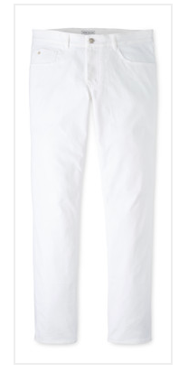 A pair of Peter Millar Performance Five-Pocket Pants in white, featuring a straight-leg silhouette crafted from stretch performance twill, displayed on a plain white background.