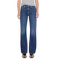 A person wearing Mother’s The Bookie Twist Skimp bootcut jeans in a light blue wash and black open-toe sandals, standing against a plain light background.