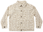 The Girls’ Denim Chore Coat by Rylee & Cru features a beige and light brown leopard print, button front closure, classic collar, long sleeves, and front pockets, shown laid flat on a white background.