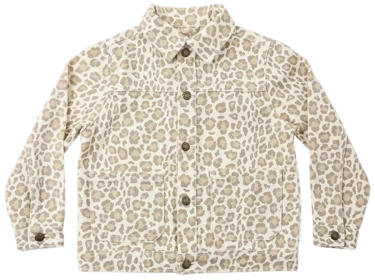 The Girls’ Denim Chore Coat by Rylee & Cru features a beige and light brown leopard print, button front closure, classic collar, long sleeves, and front pockets, shown laid flat on a white background.