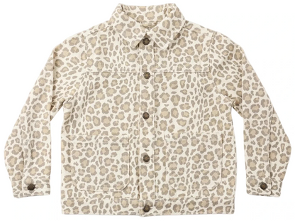 The Girls’ Denim Chore Coat by Rylee & Cru features a beige and light brown leopard print, button front closure, classic collar, long sleeves, and front pockets, shown laid flat on a white background.