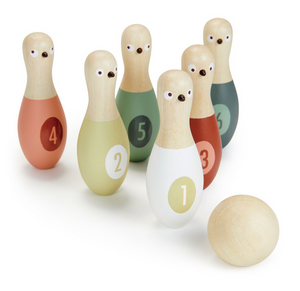 Birdie Skittles by Tender Leaf Toys is a delightful set featuring six wooden skittles, each with a cheerful bird face and numbered 1 to 6, plus a small wooden ball—ideal for competitive family fun and friendly games.