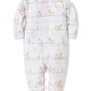 A white footed sleepsuit made of Pima cotton, with a pink and white print featuring Noah's adorable animal friends, designed for a baby boy is the Kissy Kissy Noah’s Ark Convertible Gown.