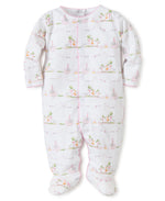 A white footed sleepsuit made of Pima cotton, with a pink and white print featuring Noah's adorable animal friends, designed for a baby boy is the Kissy Kissy Noah’s Ark Convertible Gown.