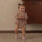 A toddler wearing the Rylee & Cru Baby Girls’ Cora Romper—with a charming floral print, a Peter Pan collar, and coconut buttons—stands on a carpeted floor holding a plush toy, in front of a wooden dresser topped with books.