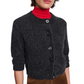 A person wears the Dorothee Schumacher Fluffy Statements Cardigan in charcoal gray over a red turtleneck and brown pants, shown from shoulders to waist.