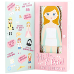 Floss and Rock’s Elsie Magnetic Dress Up Character features a fashionista doll in a white outfit with various magnetic dress-up options, all beautifully illustrated.