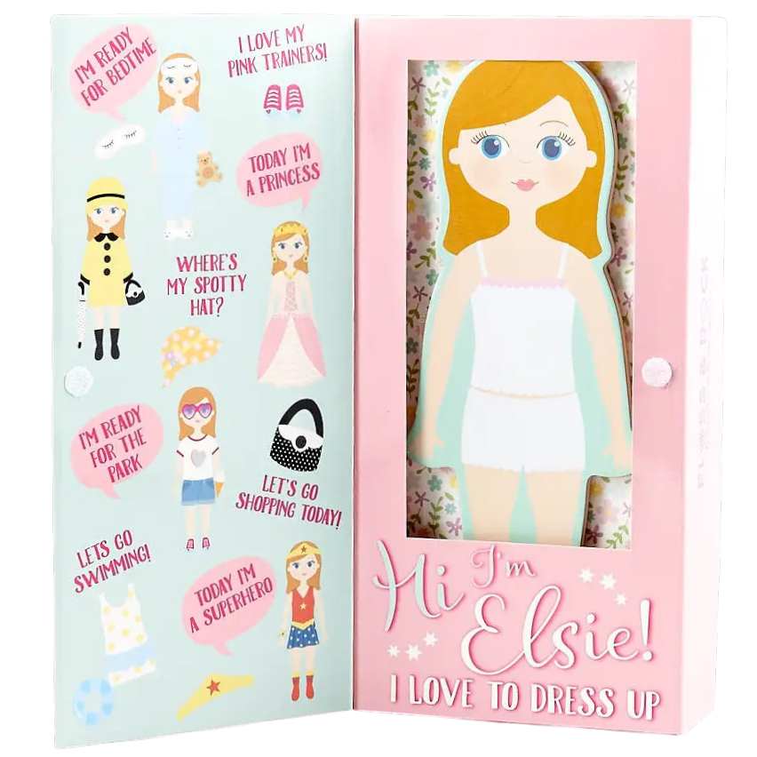 Floss and Rock’s Elsie Magnetic Dress Up Character features a fashionista doll in a white outfit with various magnetic dress-up options, all beautifully illustrated.
