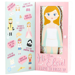 Floss and Rock’s Elsie Magnetic Dress Up Character features a fashionista doll in a white outfit with various magnetic dress-up options, all beautifully illustrated.