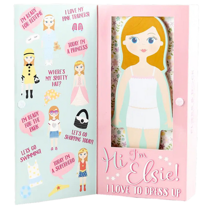 Floss and Rock’s Elsie Magnetic Dress Up Character features a fashionista doll in a white outfit with various magnetic dress-up options, all beautifully illustrated.