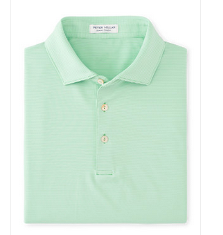 The Peter Millar Jubilee Performance Jersey Polo is a neatly folded light green polo featuring a small collar, three buttons, and four-way stretch for comfort and flexibility.