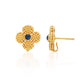 Juliska Capucine De Wulf's Berry Clover Convertible Duo Earrings feature gold studs shaped like four-petal clovers with textured surfaces and central blue stones, shown from front and side views on a white background.