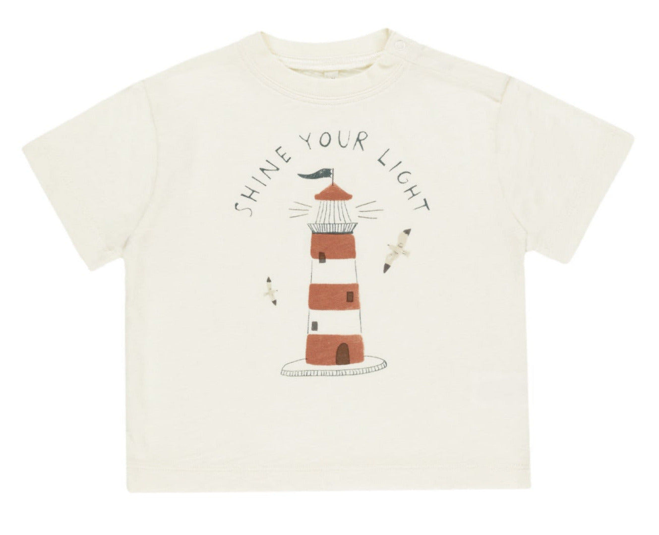 The Rylee & Cru Baby Boys' & Boys' Relaxed Tee is an off-white cotton jersey featuring a red and white striped lighthouse, two seagulls, and “Shine Your Light” above the design. Available in baby sizes.