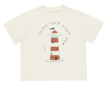 The Rylee & Cru Baby Boys' & Boys' Relaxed Tee is an off-white cotton jersey featuring a red and white striped lighthouse, two seagulls, and “Shine Your Light” above the design. Available in baby sizes.