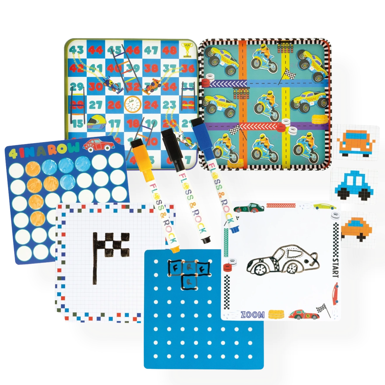 Enjoy the Floss and Rock Magnetic Fun & Games Tin – Cars, a vibrant children’s activity set featuring classic games like bingo, tic-tac-toe, connect four, and car-themed drawing boards complete with two dry erase markers—perfect for reusable fun at home or as travel games for kids.