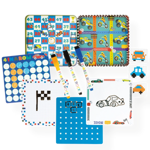 Enjoy the Floss and Rock Magnetic Fun & Games Tin – Cars, a vibrant children’s activity set featuring classic games like bingo, tic-tac-toe, connect four, and car-themed drawing boards complete with two dry erase markers—perfect for reusable fun at home or as travel games for kids.
