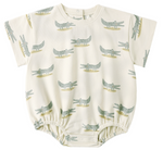 The Rylee & Cru Baby Boys' Relaxed Bubble Romper features short sleeves, playful green rocking crocodiles on a cream background, elastic leg openings, and neck snap buttons for easy changing.