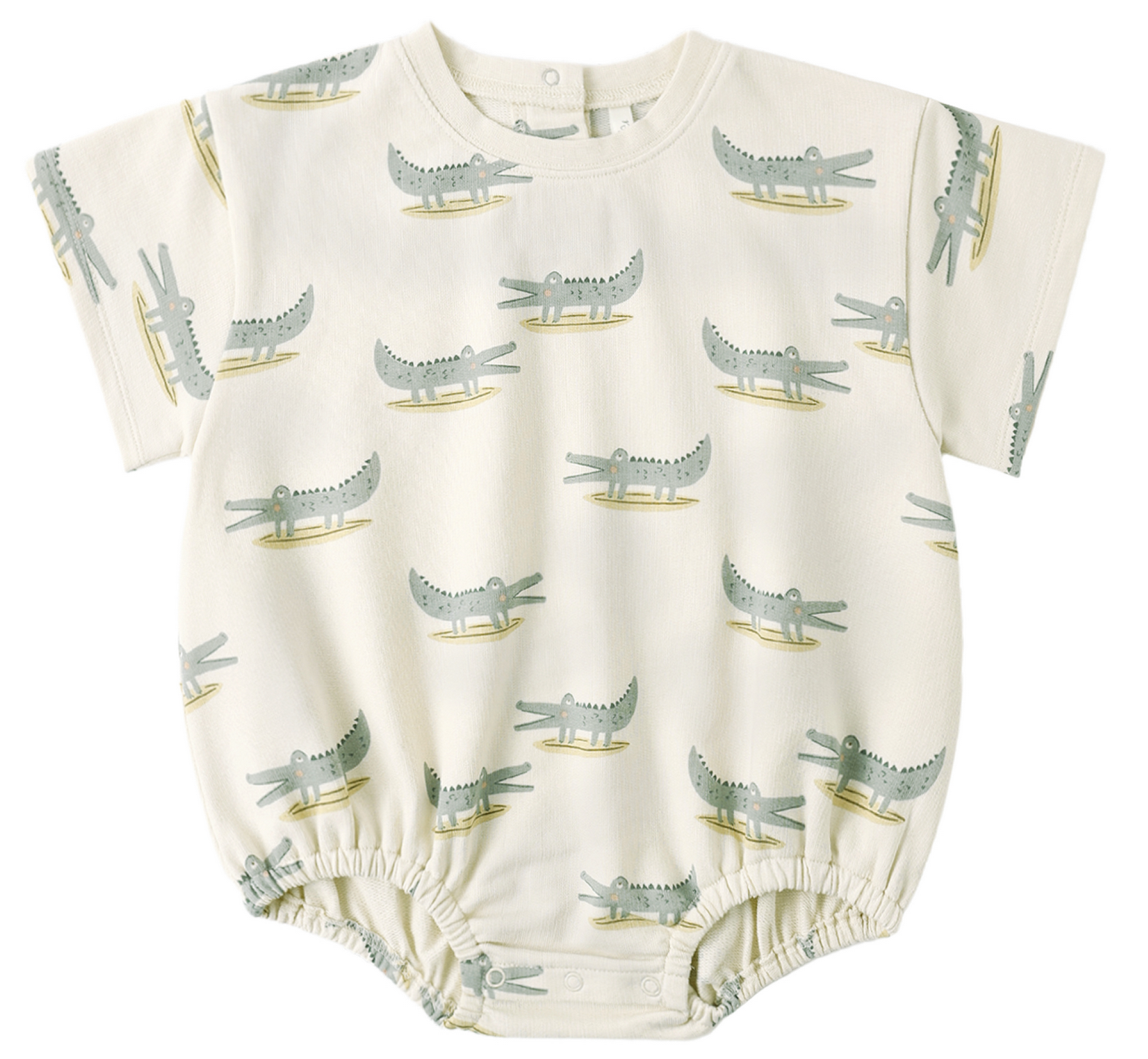 The Rylee & Cru Baby Boys' Relaxed Bubble Romper features short sleeves, playful green rocking crocodiles on a cream background, elastic leg openings, and neck snap buttons for easy changing.