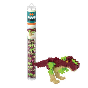 A Tube - T.Rex by Plus Plus sits beside a completed green, tan, and dark red dinosaur model—an engaging STEM toy that inspires creative play and helps develop fine motor skills.
