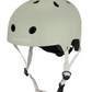 The Banwood Eco Helmet offers a light gray classic look with ventilation holes, white adjustable straps, and a black buckle—crafted from recycled materials for sustainable style.