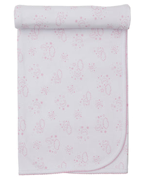 The Kissy Kissy Cheerful Good Night Printed Blanket is a light pink, cozy baby blanket featuring clouds, moons, stars, and rainbows. It’s rolled at one end with stitched edges for a soft, charming look.