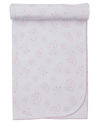 The Kissy Kissy Cheerful Good Night Printed Blanket is a light pink, cozy baby blanket featuring clouds, moons, stars, and rainbows. It’s rolled at one end with stitched edges for a soft, charming look.