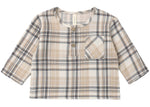The Quincy Mae Baby Boys’ and Boys’ Rory Shirt—a beige and gray plaid, long-sleeve woven shirt featuring two front buttons and a chest pocket—displayed flat on a white background.