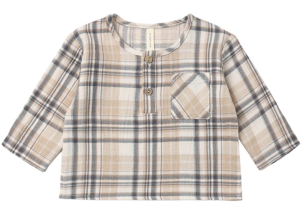 The Quincy Mae Baby Boys’ and Boys’ Rory Shirt—a beige and gray plaid, long-sleeve woven shirt featuring two front buttons and a chest pocket—displayed flat on a white background.