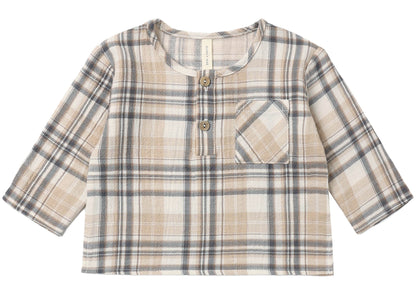 The Quincy Mae Baby Boys’ and Boys’ Rory Shirt—a beige and gray plaid, long-sleeve woven shirt featuring two front buttons and a chest pocket—displayed flat on a white background.