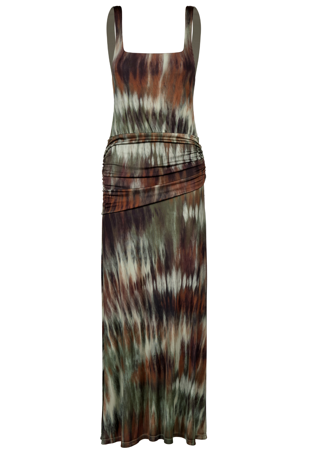 The Pine Green Plant of Joy Ankle Dress by Johanna Ortiz is a sleeveless, shiny jersey dress featuring a square neckline, ruched hip detail, and a brown, green, and white tie-dye pattern.