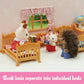 Three animal figurines stand in a toy bedroom with two wooden beds, books, and a window. Featuring charming Calico Critters furniture, the Children’s Bedroom Set by Calico Critters includes bunk beds that can be separated into individual beds. A pink banner reads, “Bunk beds separate into individual beds.”.