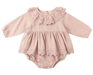 The Quincy Mae Baby Girls' Thalia Romper features long sleeves, a ruffled collar with eyelet trim and embroidery, plus a gathered waist for extra charm.