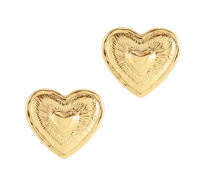 Anabel Aram Heart Radiant stud earrings, a pair of 18K gold plated hearts featuring a textured sunburst pattern around a smooth center.