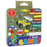 The Floss and Rock Magnetic Fun & Games Tin - Cars features a square metal tin adorned with colorful illustrations of race cars and flags. Designed for ages 3 and up, this reusable activity set conveniently stores magnetic games—making it perfect for travel. Labeled “Magnetic Fun & Games” with listed activities, it also includes a warning about small parts.