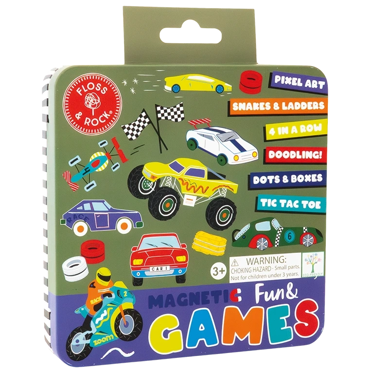 The Floss and Rock Magnetic Fun & Games Tin - Cars features a square metal tin adorned with colorful illustrations of race cars and flags. Designed for ages 3 and up, this reusable activity set conveniently stores magnetic games—making it perfect for travel. Labeled “Magnetic Fun & Games” with listed activities, it also includes a warning about small parts.