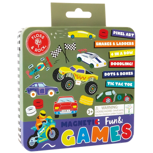 The Floss and Rock Magnetic Fun & Games Tin - Cars features a square metal tin adorned with colorful illustrations of race cars and flags. Designed for ages 3 and up, this reusable activity set conveniently stores magnetic games—making it perfect for travel. Labeled “Magnetic Fun & Games” with listed activities, it also includes a warning about small parts.