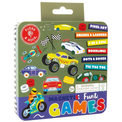 The Floss and Rock Magnetic Fun & Games Tin - Cars features a square metal tin adorned with colorful illustrations of race cars and flags. Designed for ages 3 and up, this reusable activity set conveniently stores magnetic games—making it perfect for travel. Labeled “Magnetic Fun & Games” with listed activities, it also includes a warning about small parts.