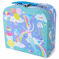 A charming blue Fantasy 7-Piece Tin Tea Set by Floss and Rock, adorned with colorful illustrations of a mermaid, jellyfish, balloons, rainbows, fish, and stars—perfect for inspiring imaginative play or as a delightful gift for kids.