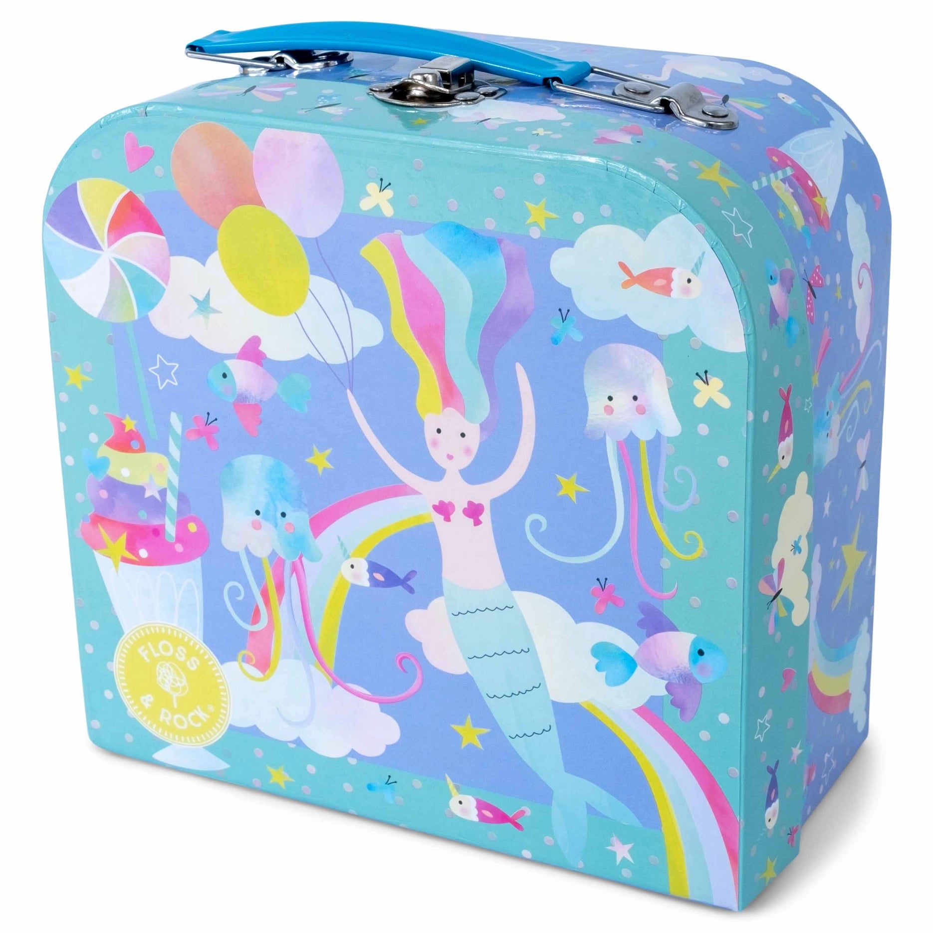 A charming blue Fantasy 7-Piece Tin Tea Set by Floss and Rock, adorned with colorful illustrations of a mermaid, jellyfish, balloons, rainbows, fish, and stars—perfect for inspiring imaginative play or as a delightful gift for kids.