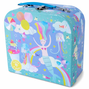 A charming blue Fantasy 7-Piece Tin Tea Set by Floss and Rock, adorned with colorful illustrations of a mermaid, jellyfish, balloons, rainbows, fish, and stars—perfect for inspiring imaginative play or as a delightful gift for kids.