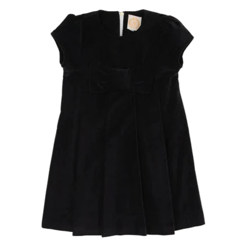 The Beaufort Bonnet Company’s Girls' Velveteen Darcy Dress features short sleeves, a black velveteen finish, a front bow detail, and back zipper closure, shown against a white background.