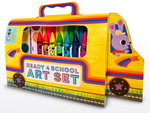 Yellow school bus-shaped art supply set with a convenient handle from Bright Stripes. Features eight vibrant crayons and markers inside, with the label "Ready for School Art Set." A charming cartoon bunny character drives the bus, making this kids' kit ideal for creative adventures.