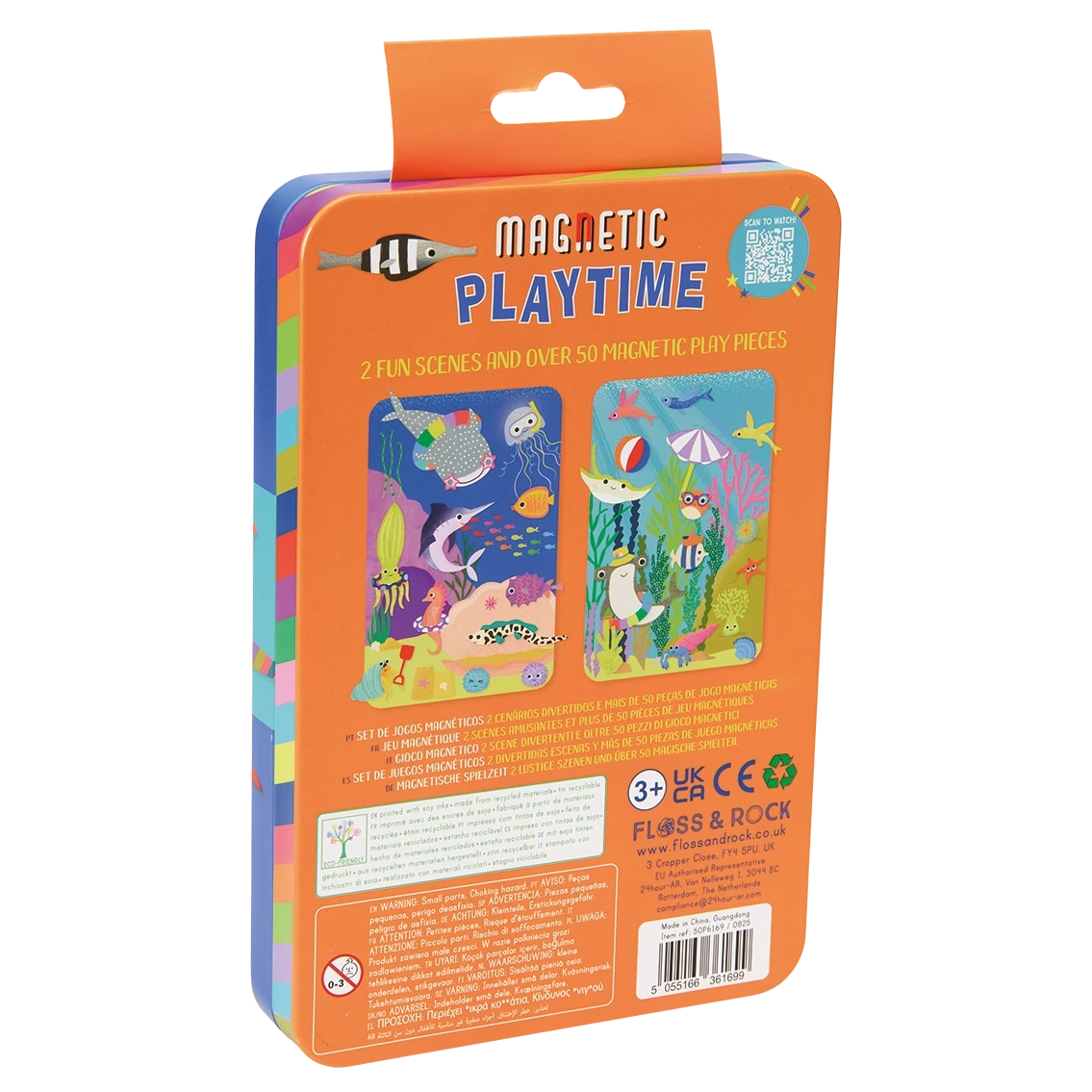 The Floss and Rock “Ocean Magnetic Playtime Tin” is a colorful set for children aged 3 and up, featuring two illustrated underwater scenes and over 50 pop-out magnets, all neatly stored in a sturdy magnetic tin crafted from recycled materials.
