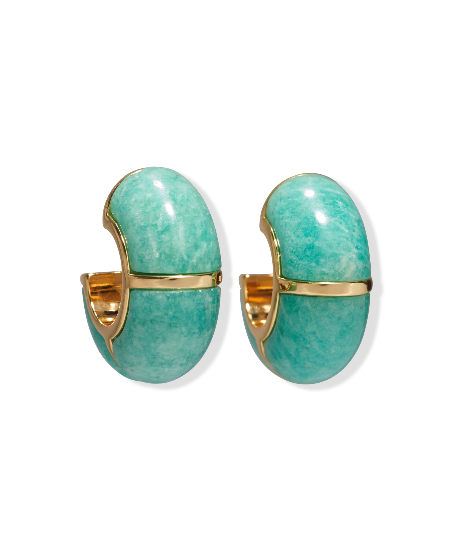 The Lizzie Fortunato Zellige Hoops are half-hoop earrings with turquoise green stone and gold-plated brass accents, shown on a white background.